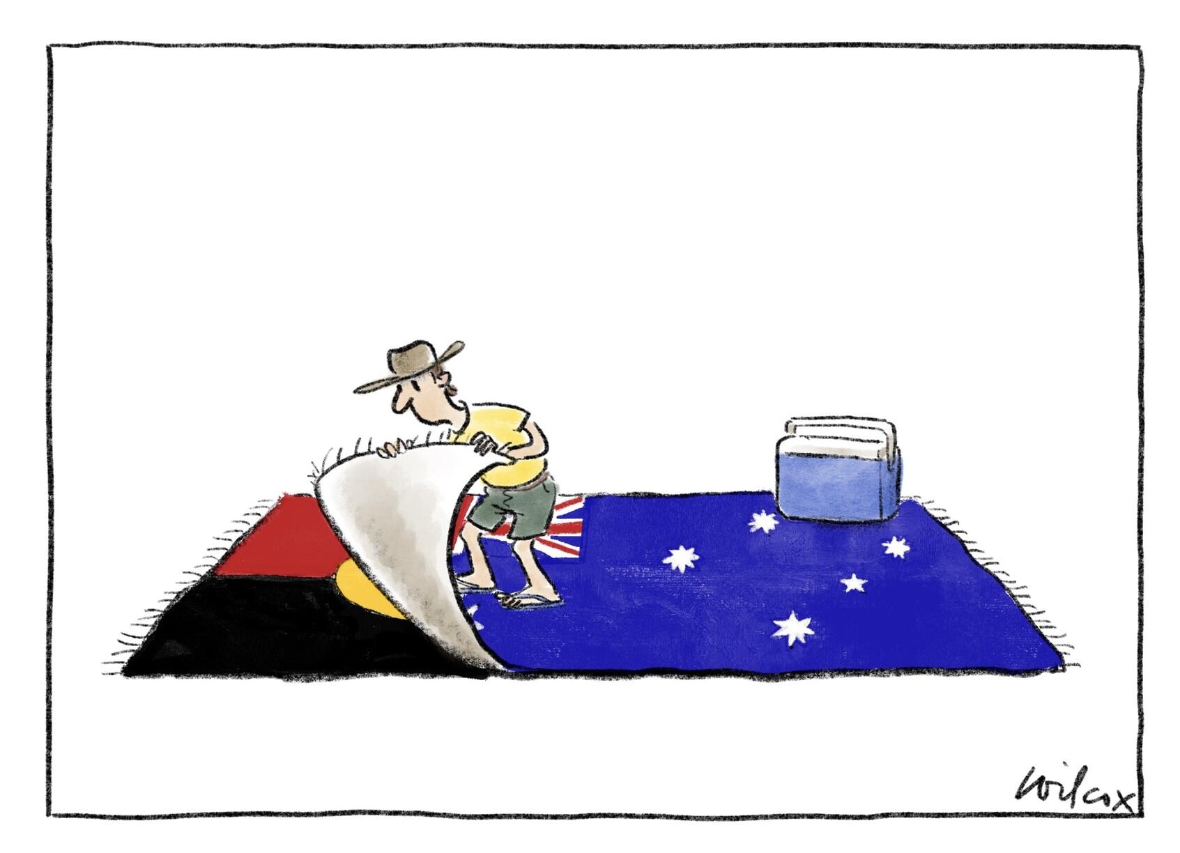 'Picnic' from The Age cartoonist Cathy Wilcox; depicting a White person with esky standing on top of an Australian flag and lifting the corner to expose an Aboriginal one.